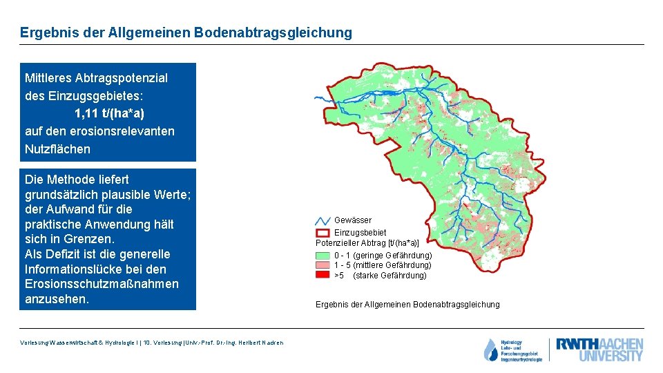 Ergebnis der Allgemeinen Bodenabtragsgleichung Mittleres Abtragspotenzial des Einzugsgebietes: 1, 11 t/(ha*a) auf den erosionsrelevanten