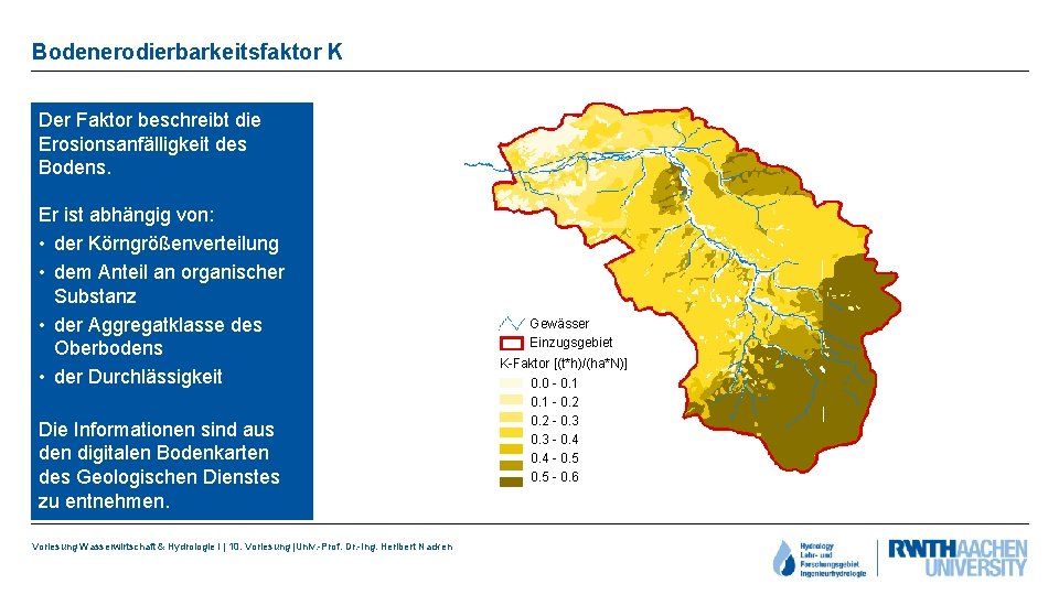 Bodenerodierbarkeitsfaktor K Der Faktor beschreibt die Erosionsanfälligkeit des Bodens. Er ist abhängig von: •