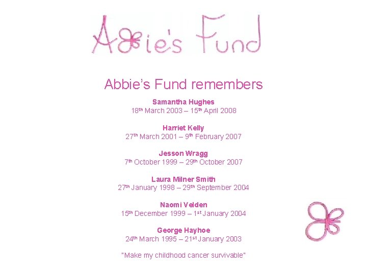  Abbie’s Fund remembers Samantha Hughes 18 th March 2003 – 15 th April