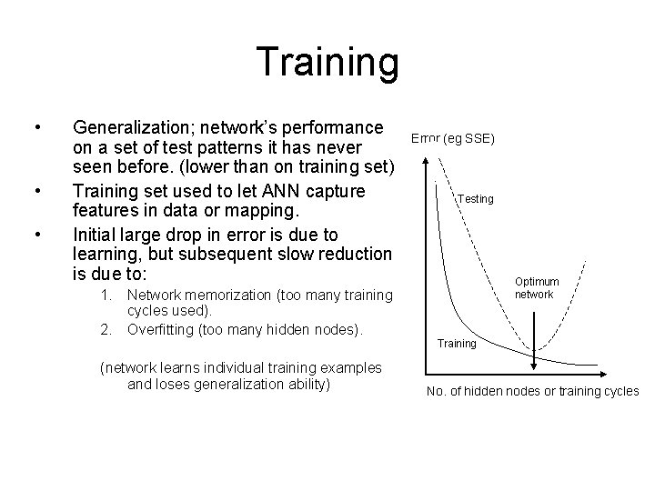 Training • • • Generalization; network’s performance on a set of test patterns it