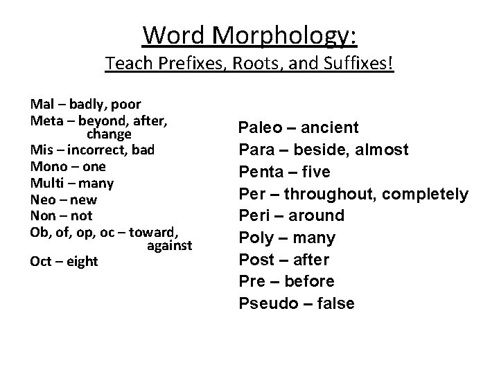 Word Morphology: Teach Prefixes, Roots, and Suffixes! Mal – badly, poor Meta – beyond,