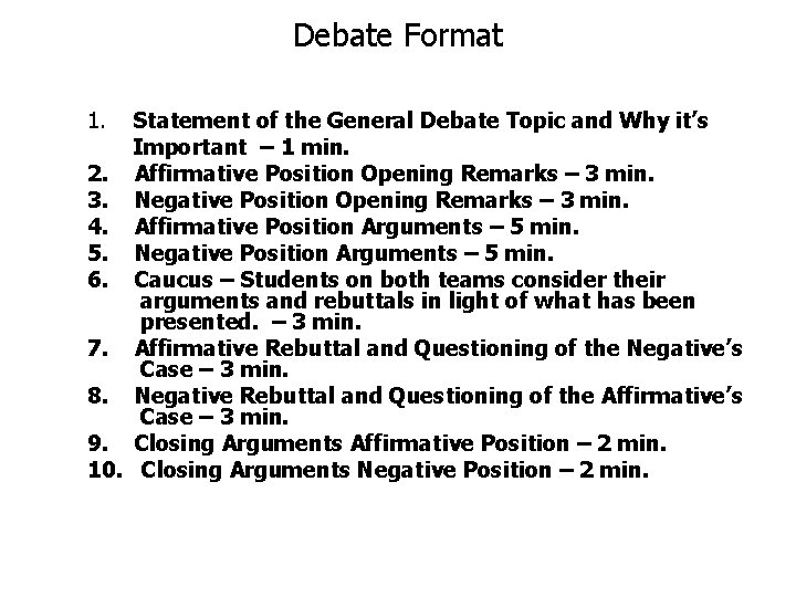 Debate Format 1. Statement of the General Debate Topic and Why it’s Important –