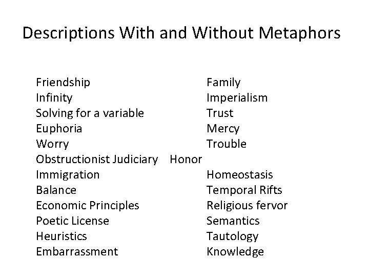 Descriptions With and Without Metaphors Friendship Family Infinity Imperialism Solving for a variable Trust