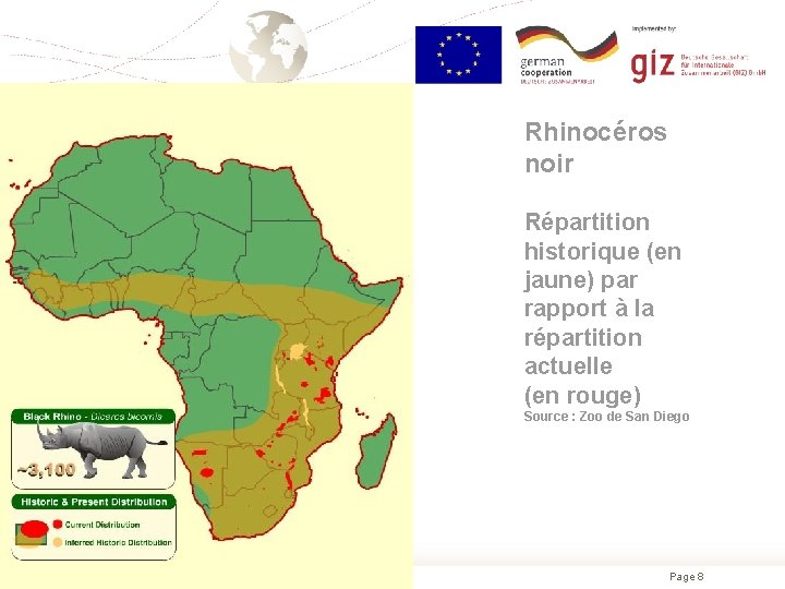 Rhinocéros noir Répartition historique (en jaune) par rapport à la répartition actuelle (en rouge)