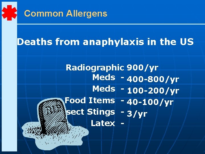 Common Allergens Deaths from anaphylaxis in the US Radiographic 900/yr Meds - 400 -800/yr