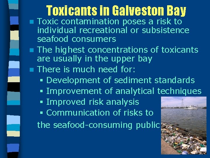 Toxicants in Galveston Bay Toxic contamination poses a risk to individual recreational or subsistence