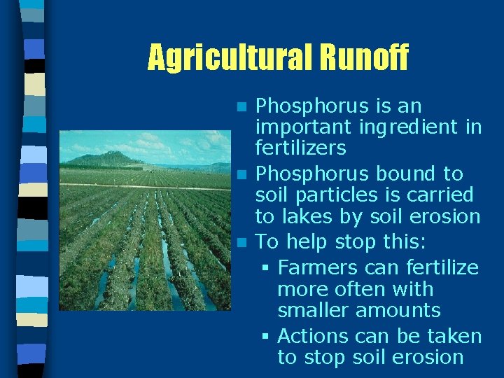 Agricultural Runoff Phosphorus is an important ingredient in fertilizers n Phosphorus bound to soil