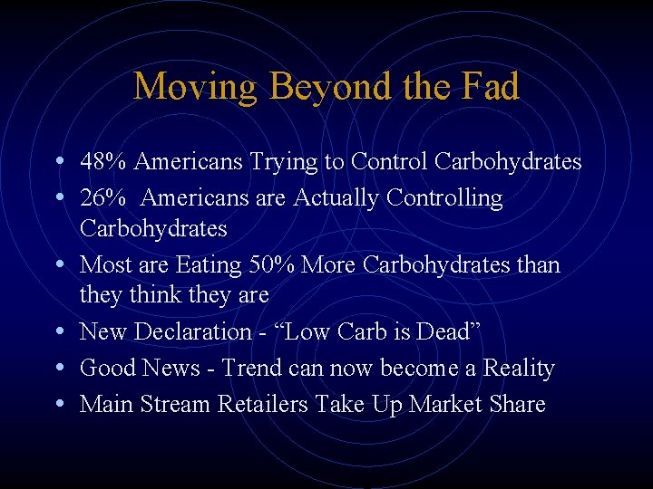 Moving Beyond the Fad • 48% Americans Trying to Control Carbohydrates • 26% Americans