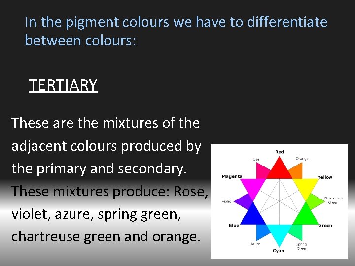 In the pigment colours we have to differentiate between colours: TERTIARY These are the