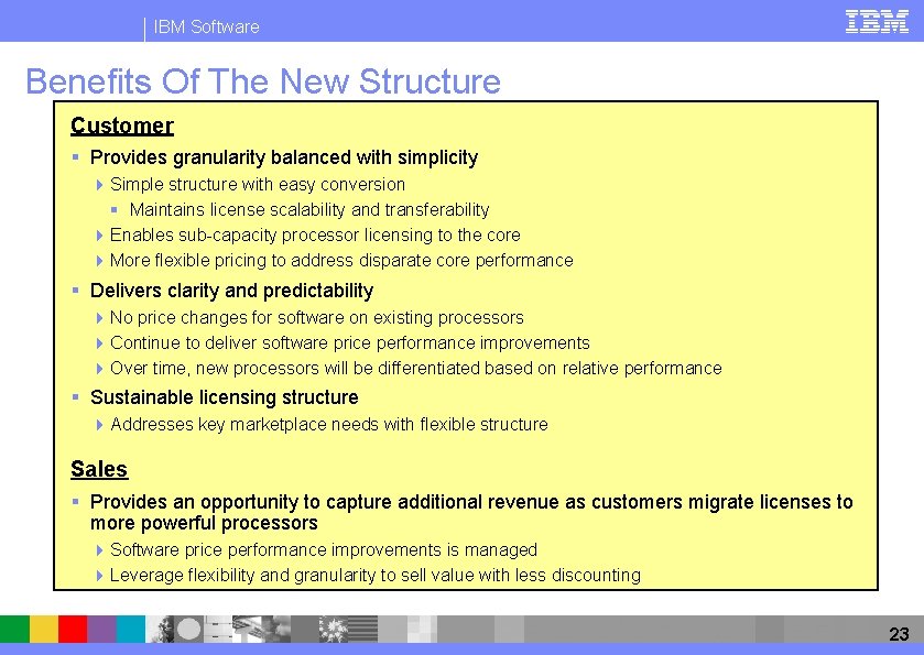 IBM Software Benefits Of The New Structure Customer § Provides granularity balanced with simplicity