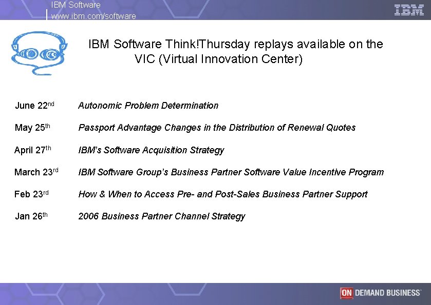 IBM Software www. ibm. com/software IBM Software Think!Thursday replays available on the VIC (Virtual