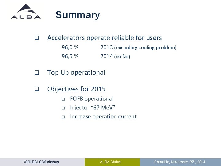 Summary q Accelerators operate reliable for users 96, 0 % 96, 5 % 2013