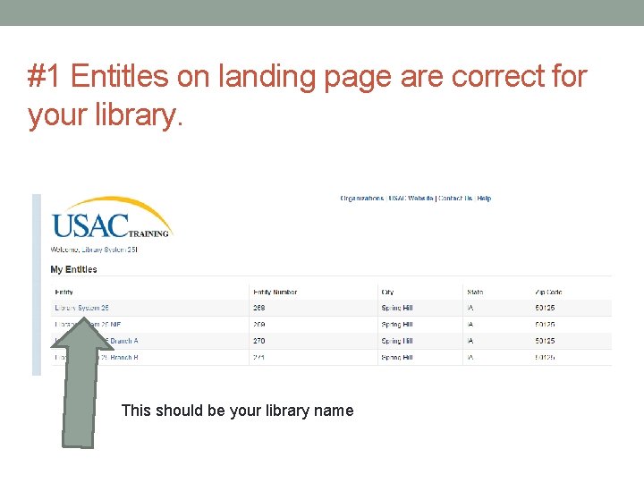 #1 Entitles on landing page are correct for your library. This should be your