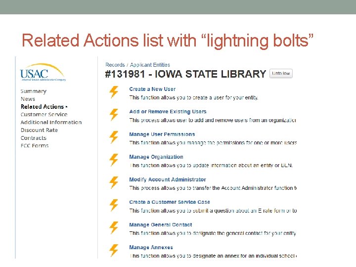 Related Actions list with “lightning bolts” 