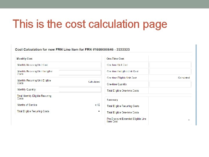 This is the cost calculation page 