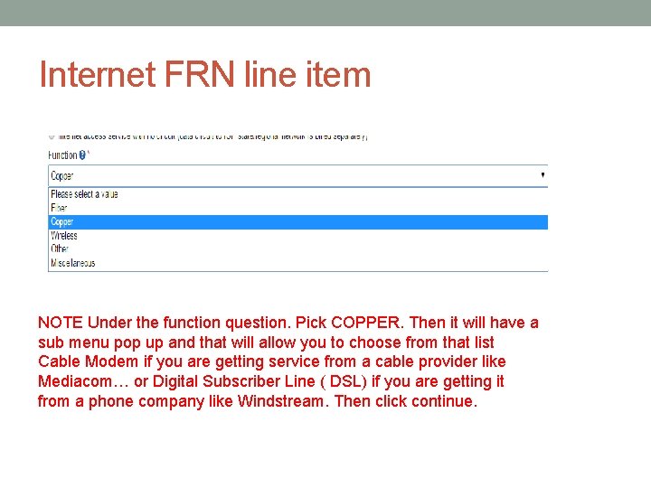 Internet FRN line item NOTE Under the function question. Pick COPPER. Then it will