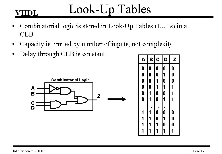 VHDL Look-Up Tables • Combinatorial logic is stored in Look-Up Tables (LUTs) in a
