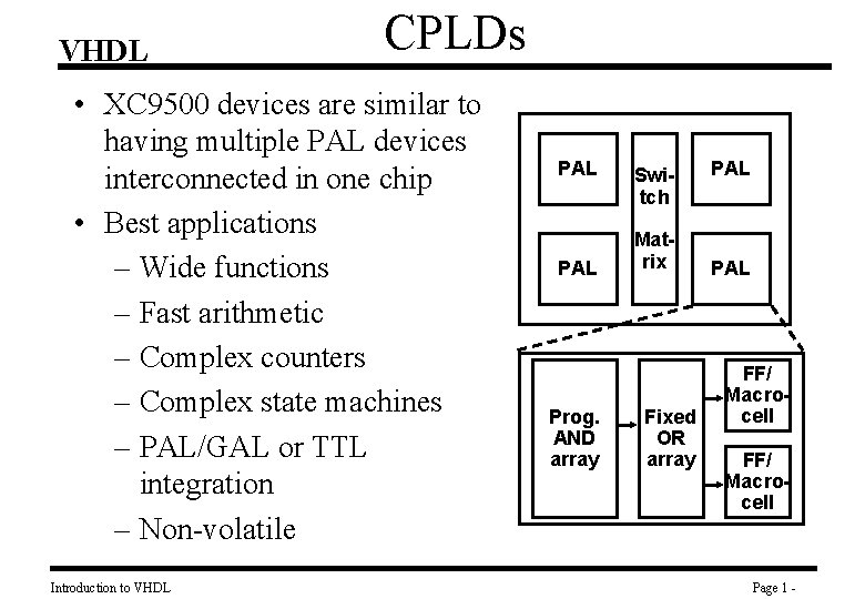 VHDL CPLDs • XC 9500 devices are similar to having multiple PAL devices interconnected
