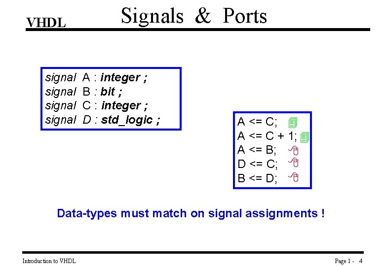 VHDL signal Signals & Ports A : integer ; B : bit ; C