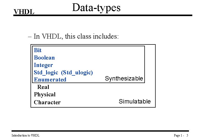 VHDL Data-types – In VHDL, this class includes: Bit Boolean Integer Std_logic (Std_ulogic) Enumerated