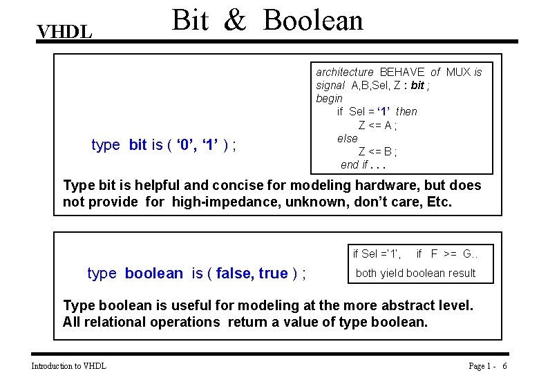 VHDL Bit & Boolean type bit is ( ‘ 0’, ‘ 1’ ) ;