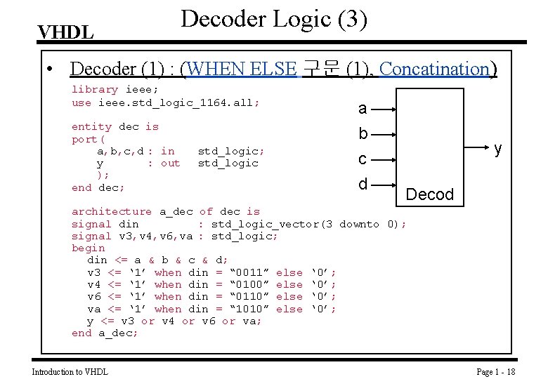 VHDL Decoder Logic (3) • Decoder (1) : (WHEN ELSE 구문 (1), Concatination) library