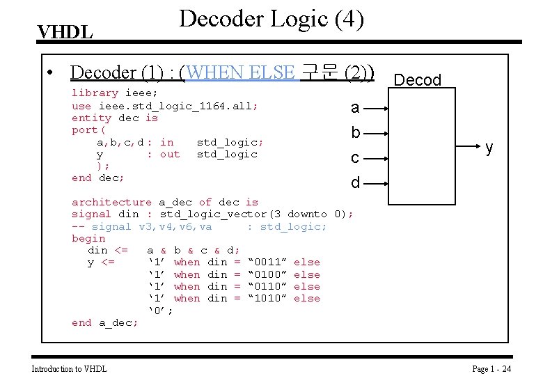 VHDL Decoder Logic (4) • Decoder (1) : (WHEN ELSE 구문 (2)) Decod library