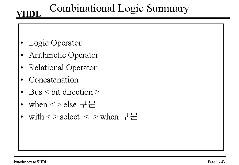 VHDL • • Combinational Logic Summary Logic Operator Arithmetic Operator Relational Operator Concatenation Bus