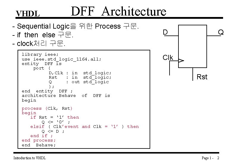 VHDL DFF Architecture - Sequential Logic을 위한 Process 구문. - if then else 구문.