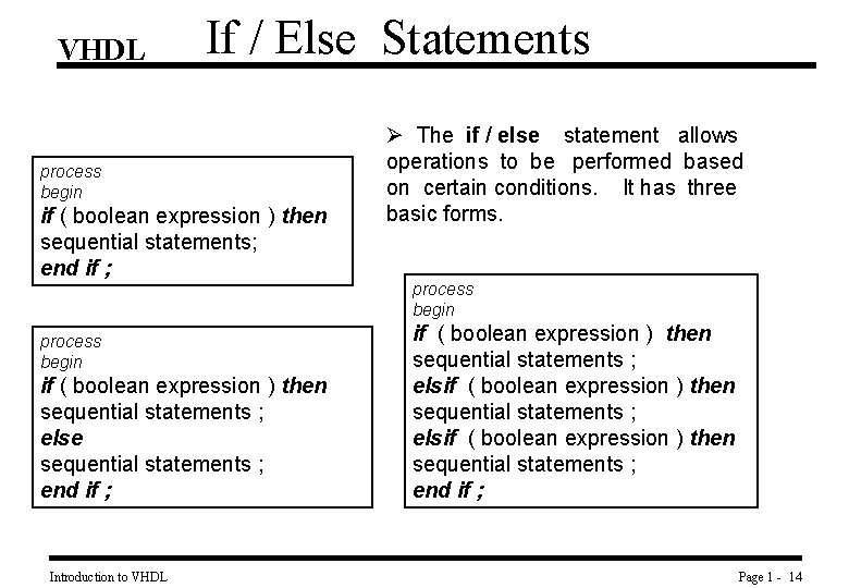 VHDL If / Else Statements process begin if ( boolean expression ) then sequential