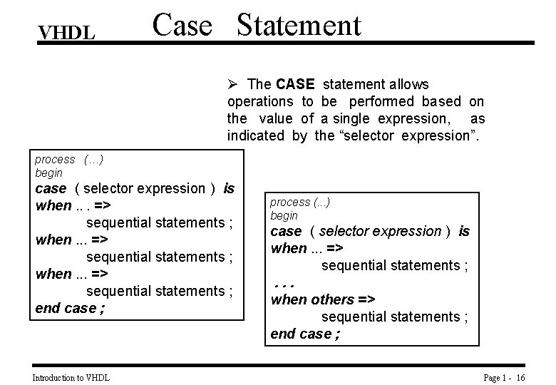 VHDL Case Statement Ø The CASE statement allows operations to be performed based on