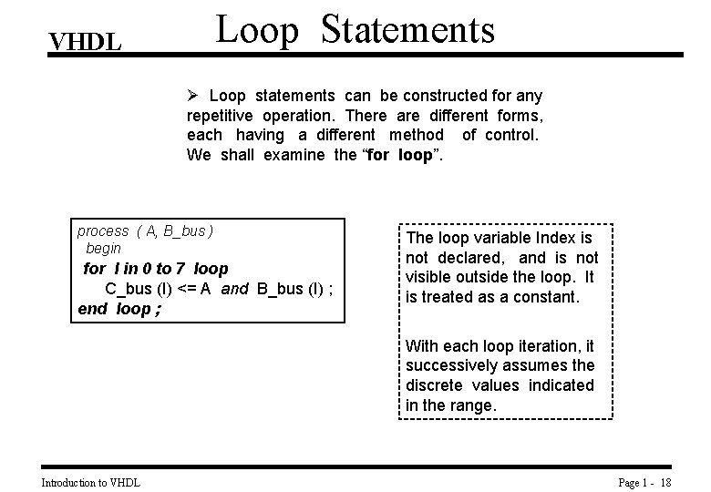 Loop Statements VHDL Ø Loop statements can be constructed for any repetitive operation. There