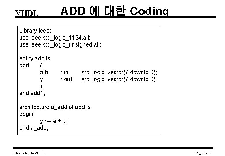 VHDL ADD 에 대한 Coding Library ieee; use ieee. std_logic_1164. all; use ieee. std_logic_unsigned.