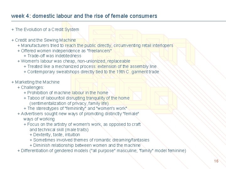 week 4: domestic labour and the rise of female consumers + The Evolution of