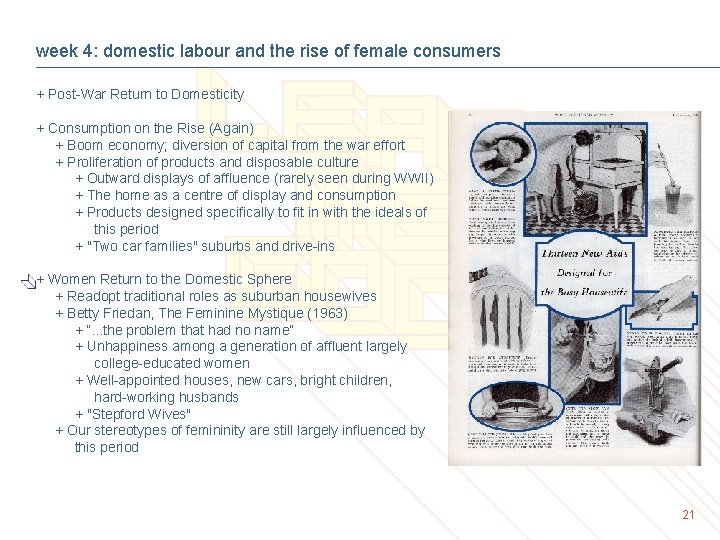 week 4: domestic labour and the rise of female consumers + Post-War Return to