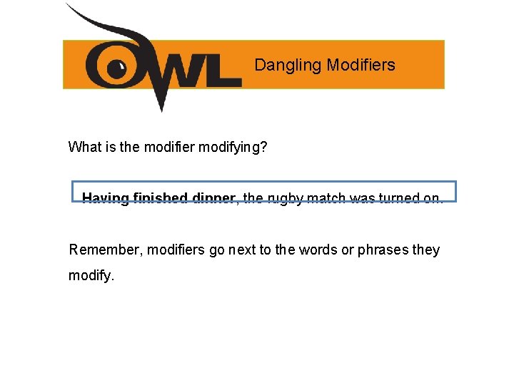 Dangling Modifiers What is the modifier modifying? Having finished dinner, the rugby match was