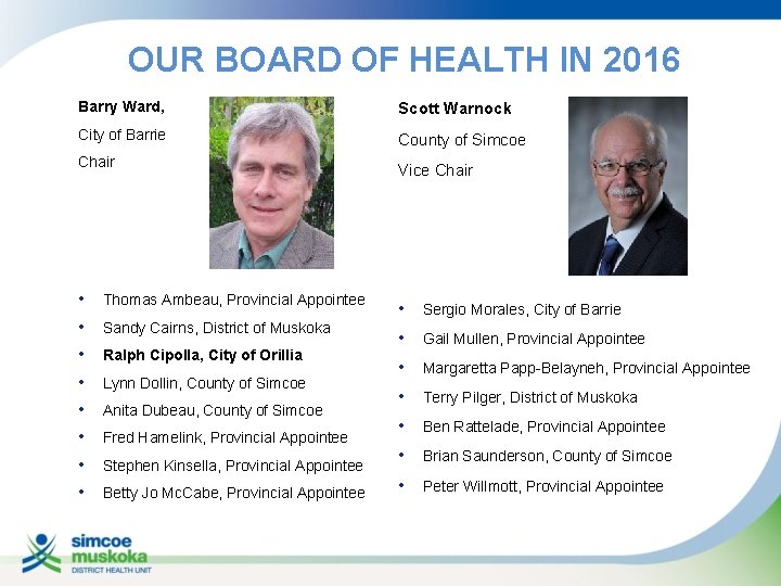 OUR BOARD OF HEALTH IN 2016 Barry Ward, Scott Warnock City of Barrie County