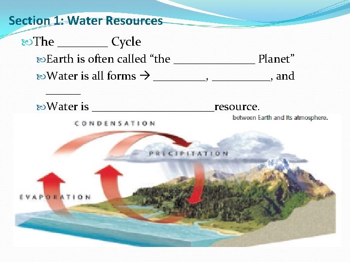 Section 1: Water Resources The ____ Cycle Earth is often called “the _______ Planet”