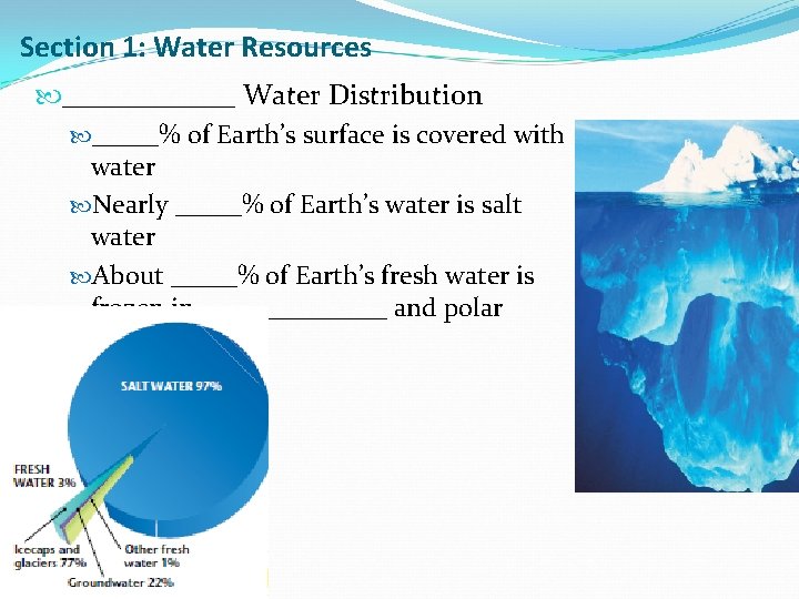 Section 1: Water Resources ______ Water Distribution _____% of Earth’s surface is covered with