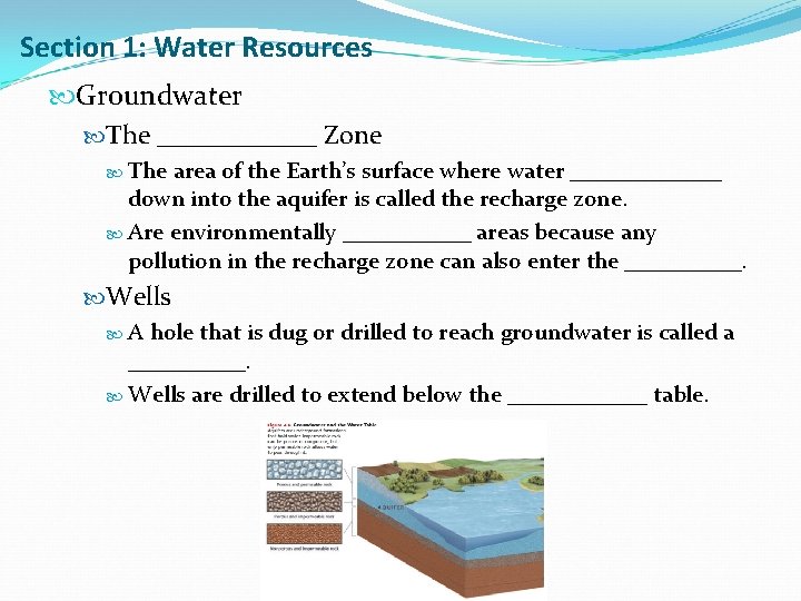 Section 1: Water Resources Groundwater The ______ Zone The area of the Earth’s surface