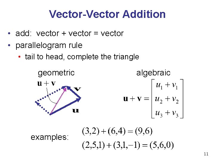 Vector-Vector Addition • add: vector + vector = vector • parallelogram rule • tail