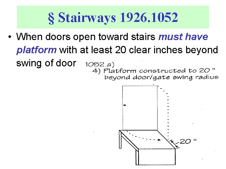 § Stairways 1926. 1052 • When doors open toward stairs must have platform with