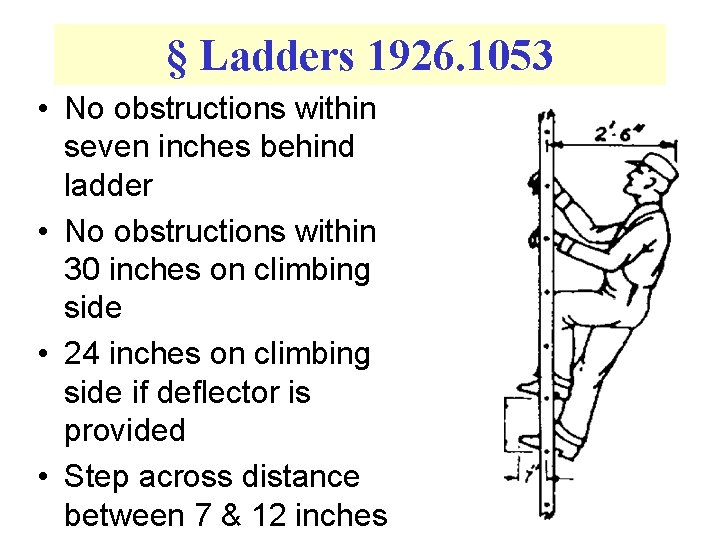 § Ladders 1926. 1053 • No obstructions within seven inches behind ladder • No