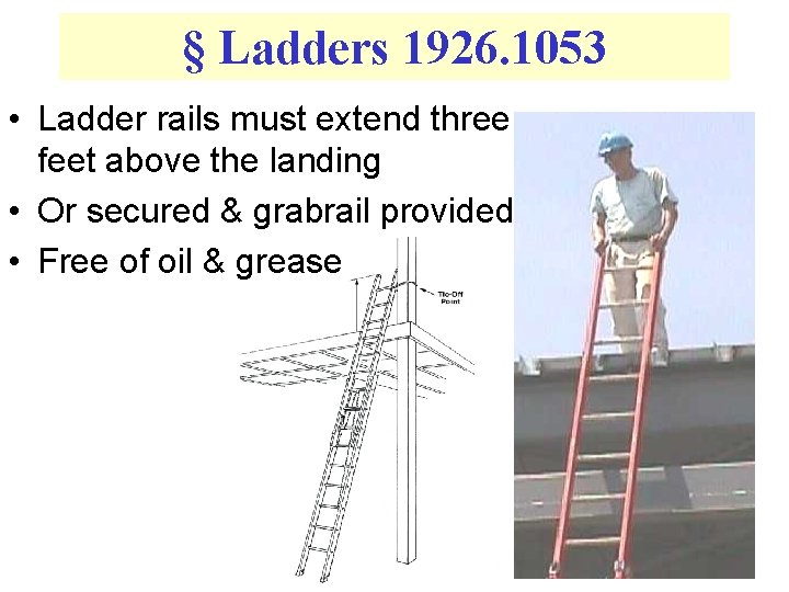 § Ladders 1926. 1053 • Ladder rails must extend three feet above the landing