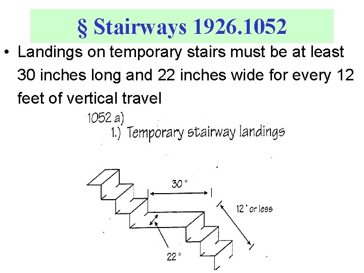 § Stairways 1926. 1052 • Landings on temporary stairs must be at least 30