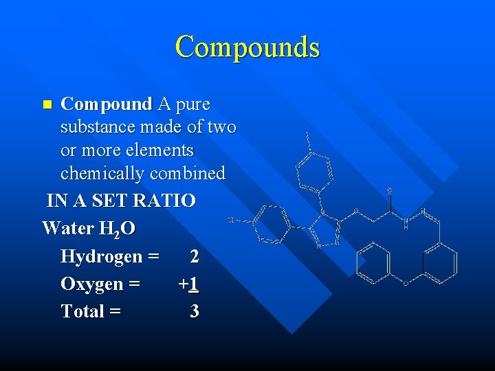 Compounds Compound A pure substance made of two or more elements chemically combined IN