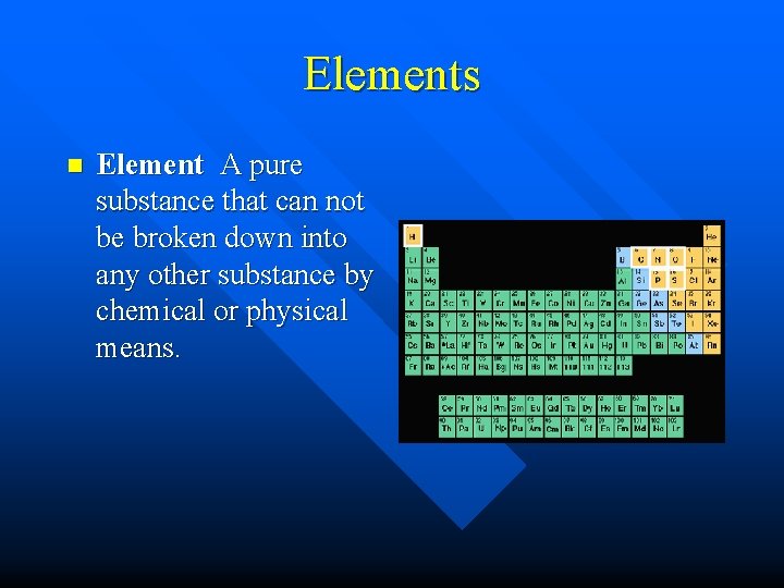 Elements n Element A pure substance that can not be broken down into any