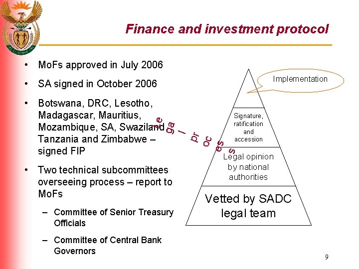 Finance and investment protocol • Mo. Fs approved in July 2006 Implementation • SA