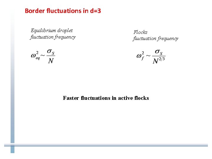 Border fluctuations in d=3 Equilibrium droplet fluctuation frequency Flocks fluctuation frequency Faster fluctuations in