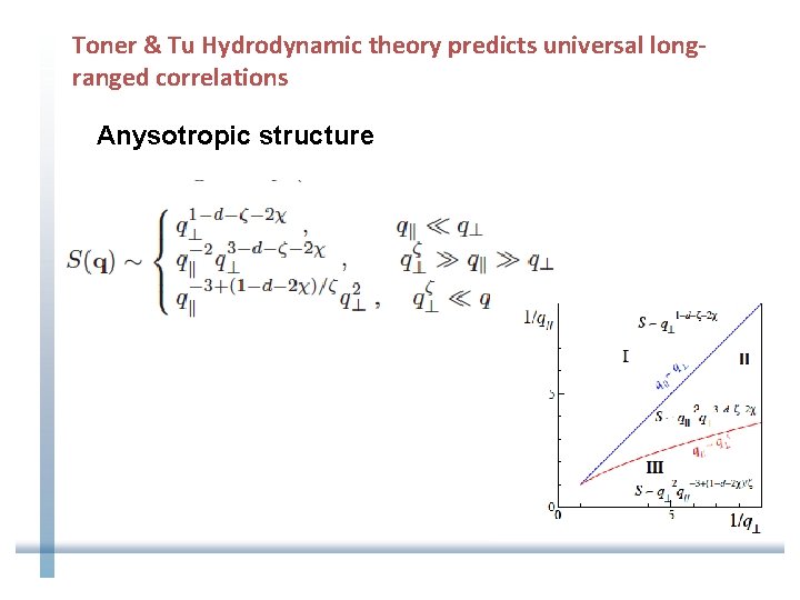 Toner & Tu Hydrodynamic theory predicts universal longranged correlations Anysotropic structure 